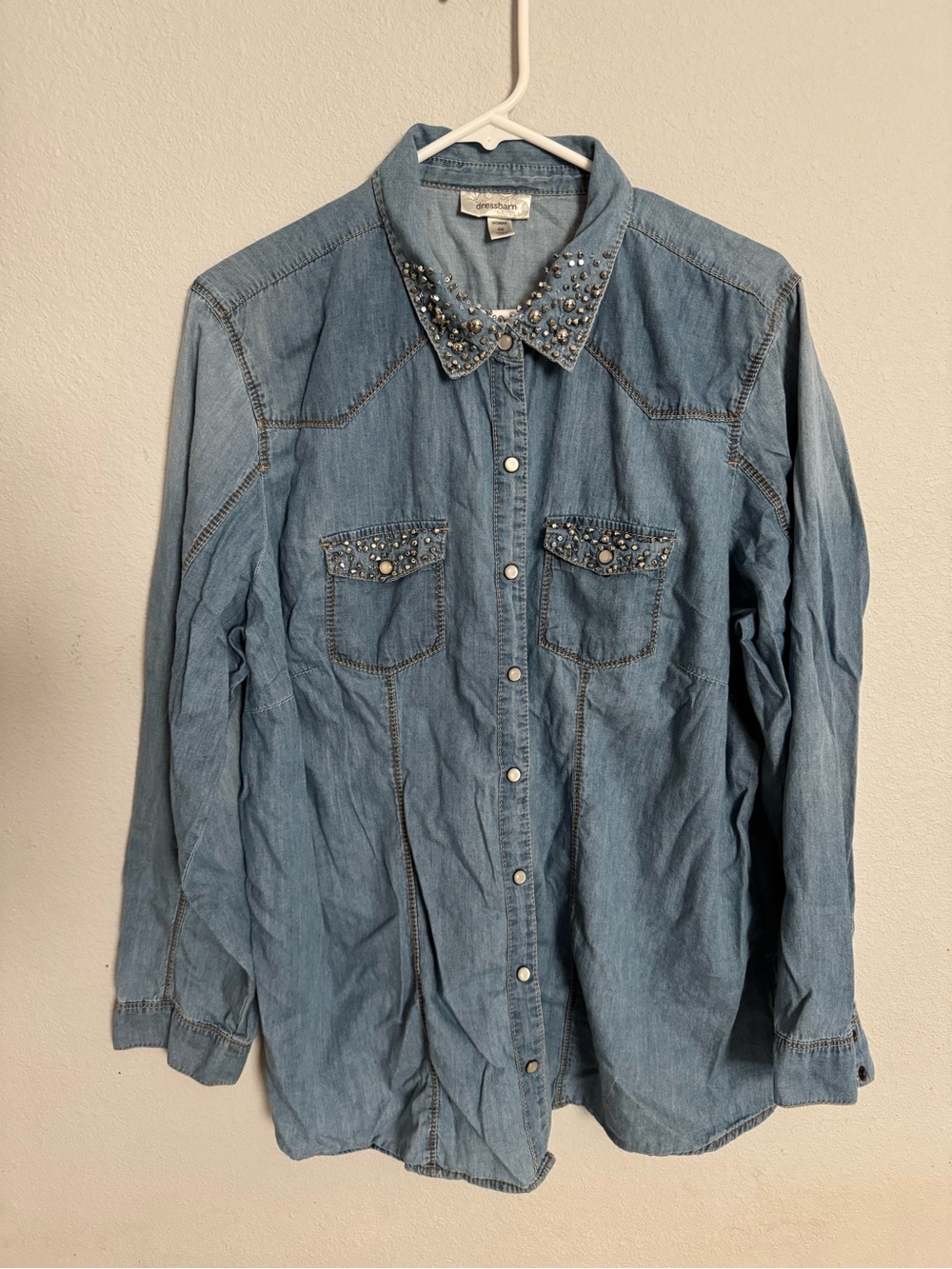 Dress Barn Light Blue Denim Button-Down Shirt with Embellished Collar